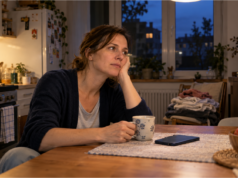 Sie sind den ganzen Tag beschäftigt, aber abends haben Sie das Gefühl, nichts geschafft zu haben Frau sitzt abends erschöpft auf dem Stuhl und denkt über ihren Tag nach