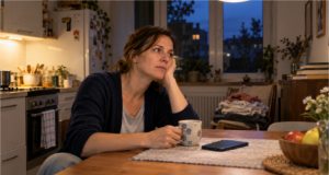 Sie sind den ganzen Tag beschäftigt, aber abends haben Sie das Gefühl, nichts geschafft zu haben Frau sitzt abends erschöpft auf dem Stuhl und denkt über ihren Tag nach