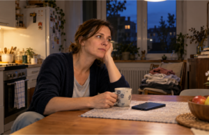 Sie sind den ganzen Tag beschäftigt, aber abends haben Sie das Gefühl, nichts geschafft zu haben Frau sitzt abends erschöpft auf dem Stuhl und denkt über ihren Tag nach