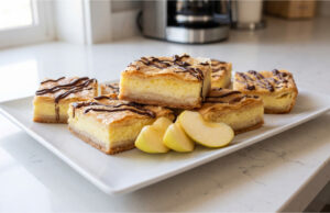 Zarter Dreischicht-Schnitten: Geschichteter Kuchen mit Äpfeln, Pudding und Quark Zarter Dreischicht-Kuchen mit Äpfeln, Pudding und Quark aufgeschnitten auf einem Blech