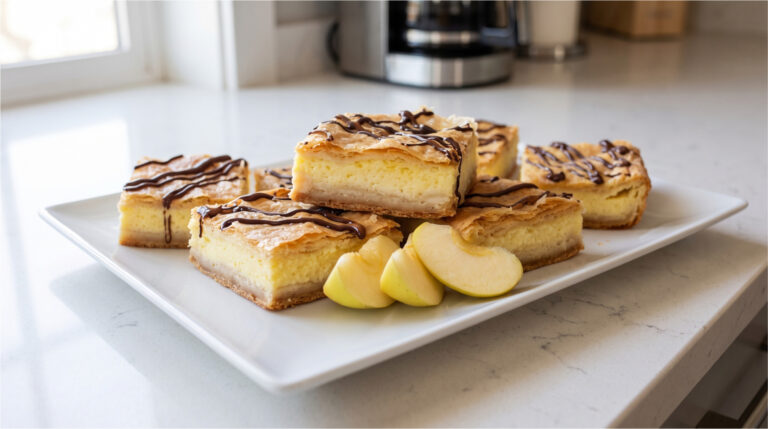 Zarter Dreischicht-Schnitten: Geschichteter Kuchen mit Äpfeln, Pudding und Quark