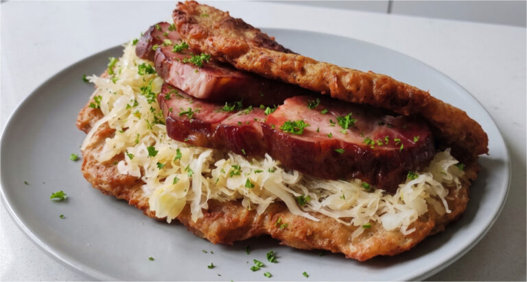 Kaplitzer Cmunda mit geräuchertem Fleisch: Knusprige Kartoffelpuffer mit süß-sauerem Sauerkraut