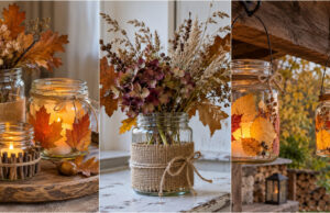 Einmachgläser nicht wegwerfen: 20 herbstliche Deko-Ideen für ein gemütliches Zuhause Herbstliches Windlicht aus Einmachglas mit Blättern und Zapfen