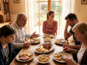 Papa behauptete, Politik interessiere ihn nicht. Jetzt schimpft er bei jedem Mittagessen und wundert sich, warum ich nicht mehr zu Besuch komme Familie am Tisch während eines angespannten Mittagessens.