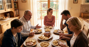 Papa behauptete, Politik interessiere ihn nicht. Jetzt schimpft er bei jedem Mittagessen und wundert sich, warum ich nicht mehr zu Besuch komme Familie am Tisch während eines angespannten Mittagessens.