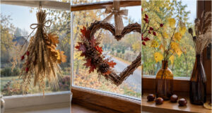 Fenster müssen im Herbst nicht leer bleiben: 20 Ideen für Dekorationen aus Blättern, Kastanien und Zapfen Ast mit bunten Herbstblättern als Fensterdeko