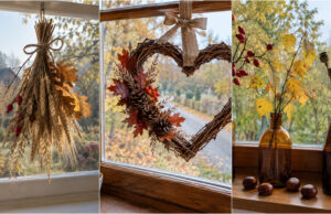 Fenster müssen im Herbst nicht leer bleiben: 20 Ideen für Dekorationen aus Blättern, Kastanien und Zapfen Ast mit bunten Herbstblättern als Fensterdeko