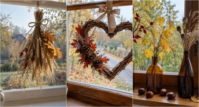 fenster-herbstdeko-ast-blaetter Ast mit bunten Herbstblättern als Fensterdeko