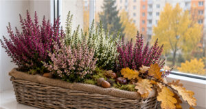 Fensterbänke müssen im Herbst nicht leer bleiben: 20 wunderschöne Ideen mit Heidekraut, Kürbissen und Naturmaterialien Geflochtener Korb mit Heidekraut und Naturmaterialien auf der Fensterbank
