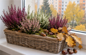 Fensterbänke müssen im Herbst nicht leer bleiben: 20 wunderschöne Ideen mit Heidekraut, Kürbissen und Naturmaterialien Geflochtener Korb mit Heidekraut und Naturmaterialien auf der Fensterbank