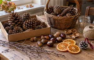 Für Weihnachten vorsorgen: Was Sie jetzt schon sammeln und für schöne selbstgemachte Dekorationen aufbewahren sollten Materialien für selbstgemachte Weihnachtsdeko – Zapfen, Zweige und Nüsse
