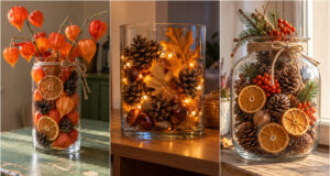 Lassen Sie die Glasvase nicht leer: 20 herbstliche Ideen für ein gemütliches Zuhause Herbstliche Glasvase mit Zapfen und Zitrusfrüchten