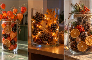 Lassen Sie die Glasvase nicht leer: 20 herbstliche Ideen für ein gemütliches Zuhause Herbstliche Glasvase mit Zapfen und Zitrusfrüchten