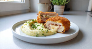 Hähnchen Cordon bleu: Saftiges Fleisch mit Schinken, Emmentaler und knuspriger Kruste Hähnchen Cordon bleu mit Schinken und Emmentaler auf Teller