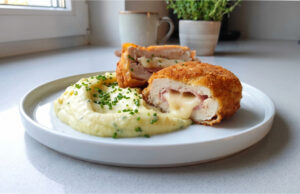 Hähnchen Cordon bleu: Saftiges Fleisch mit Schinken, Emmentaler und knuspriger Kruste Hähnchen Cordon bleu mit Schinken und Emmentaler auf Teller