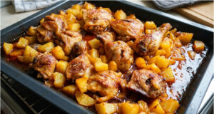 Hähnchenschenkel mit Kartoffeln aus einer Auflaufform: Saftiges Abendessen ohne viel Aufwand Hähnchenschenkel mit Kartoffeln aus einer Auflaufform