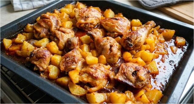 haehnchenschenkel-mit-kartoffeln-aus-einer-auflaufform-saftiges-abendessen-425 Hähnchenschenkel mit Kartoffeln aus einer Auflaufform