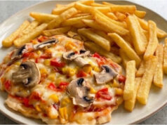 Hähnchenschnitzel à la Pizza: Saftiges Fleisch mit Käse und Gemüse vom Blech Hähnchenschnitzel à la Pizza mit Käse und Gemüse auf dem Blech
