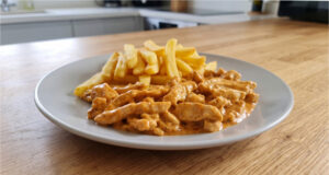 Hähnchenstreifen in Sahnesoße: Schnelles One-Pan-Abendessen mit mildem Geschmack Hähnchenstreifen in cremiger Sahnesoße serviert mit Reis