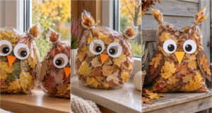 Fülle einen einfachen Sack mit Laub: Diese herbstlichen Eulen schmücken Eingang und Fensterbank Herbstliche Eule aus Laub im durchsichtigen Sack als Deko