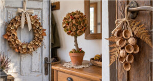 Werfen Sie Nussschalen nicht weg: 10 wunderschöne Herbstdekorationen fast gratis basteln Herbstkranz aus Walnussschalen an einer Holztür