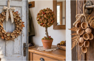 Werfen Sie Nussschalen nicht weg: 10 wunderschöne Herbstdekorationen fast gratis basteln Herbstkranz aus Walnussschalen an einer Holztür