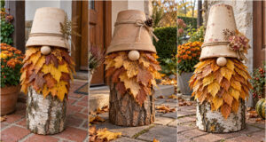 Einfacher Holzklotz, Blätter und Blumentopf: Basteln Sie einen herbstlichen Wichtel für Ihren Hauseingang Herbstlicher Wichtel aus Holzklotz, Blättern und Blumentopf als Dekoration am Eingang
