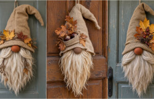 Vergessen Sie dieses Jahr den klassischen Türkranz: Basteln Sie einen herbstlichen Wichtel aus Jute und Blättern Herbstlicher Wichtel aus Jute und Blättern als Türdeko