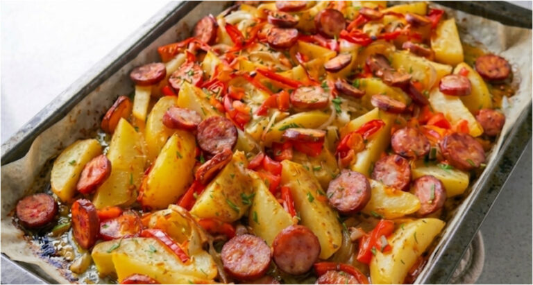 Kartoffeln mit Wurst vom Blech: Einfaches Abendessen mit Gemüse und aromatischen Gewürzen