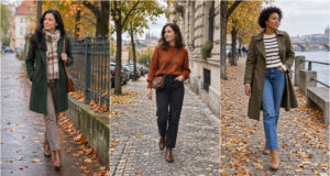 Morgens kalt, nachmittags warm? 20 herbstliche Outfits, die zeigen, wie man sich schön und bequem kleidet Rostfarbener Pullover mit schwarzer Hose und braunen Stiefeletten