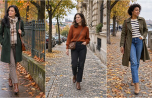 Morgens kalt, nachmittags warm? 20 herbstliche Outfits, die zeigen, wie man sich schön und bequem kleidet Rostfarbener Pullover mit schwarzer Hose und braunen Stiefeletten