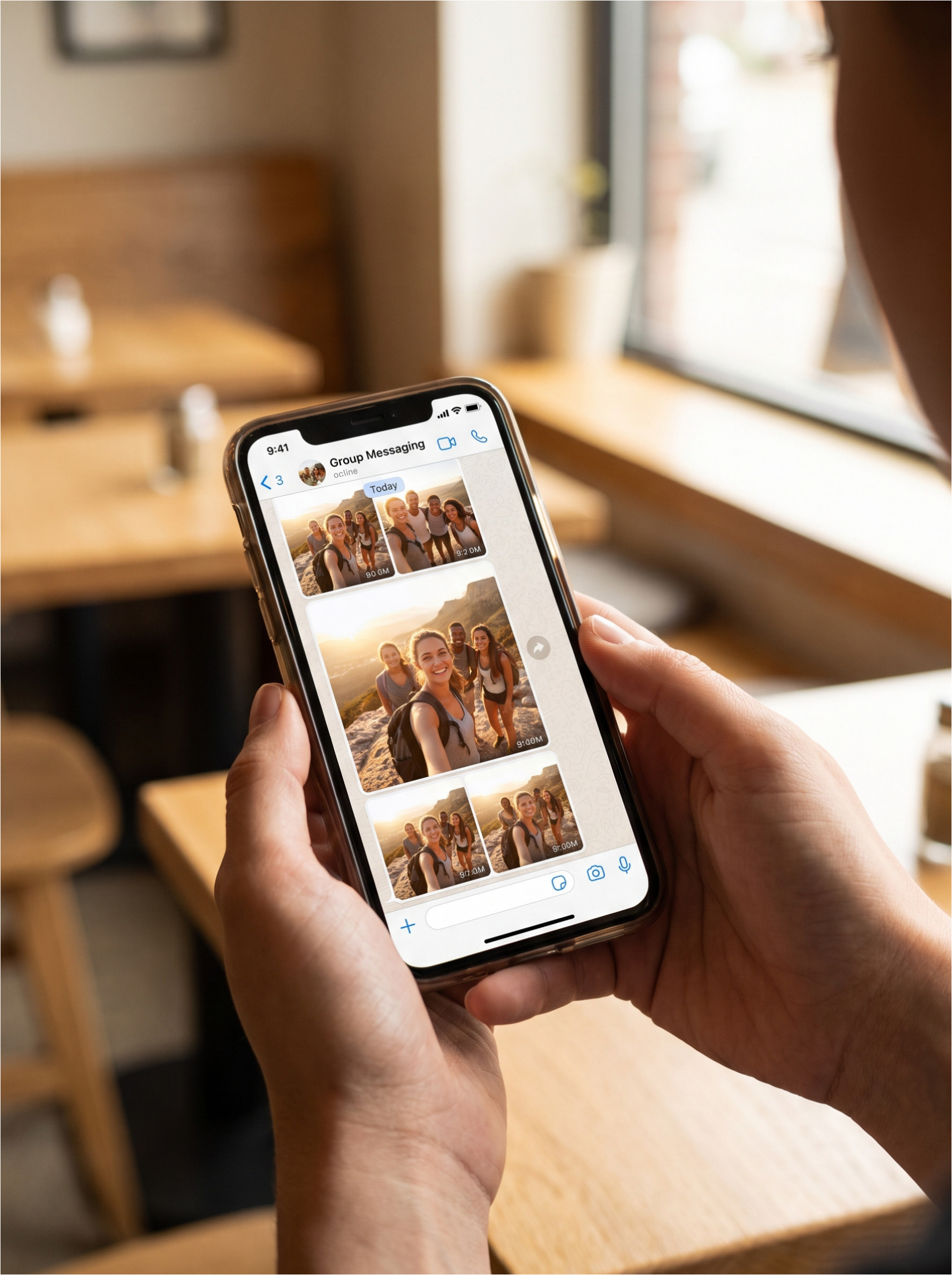 Nachrichten im Gruppenchat mit Urlaubsfotos der Freunde.