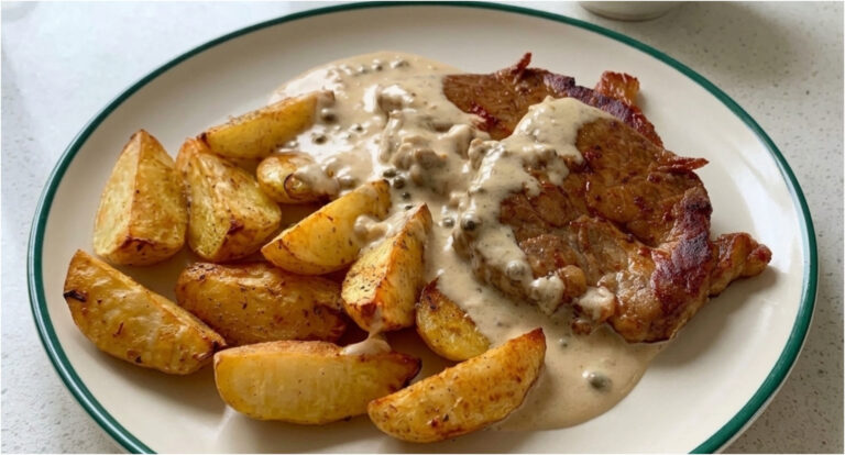 Nackensteak mit Pfeffersauce: Saftiges Fleisch und goldene Ofenkartoffeln