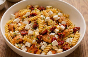 Nudelsalat mit Hähnchen: Mit getrockneten Tomaten, Mozzarella und einfachem Dressing Nudelsalat mit Hähnchen, getrockneten Tomaten und Mozzarella