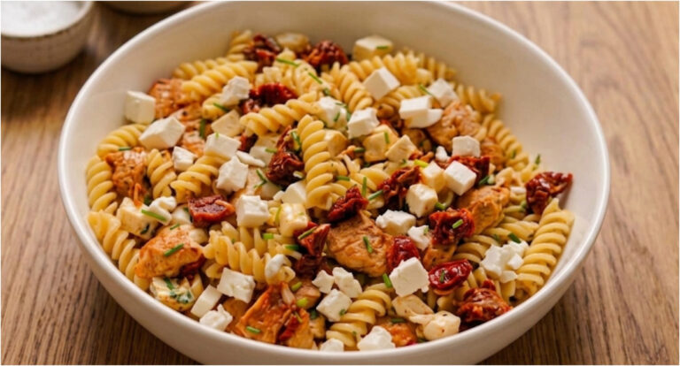 Nudelsalat mit Hähnchen: Mit getrockneten Tomaten, Mozzarella und einfachem Dressing