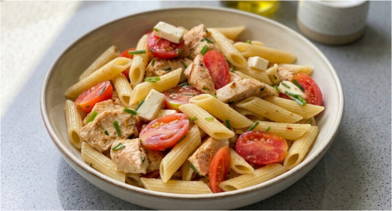 Nudelsalat mit Hähnchen: Saftige Tomaten, würziger Käse und einfaches Dressing