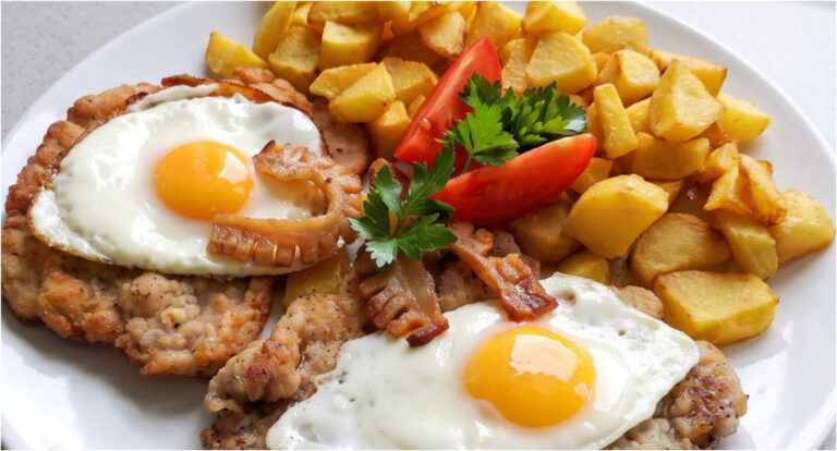 Holsteiner Schweineschnitzel: Saftiges Fleisch mit Spiegelei, Speck und knusprigen Kartoffeln