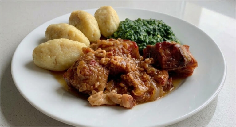 Schweinebraten mit Kartoffelklößchen und Spinat: Langsam geschmortes Mittagessen mit Biersoße