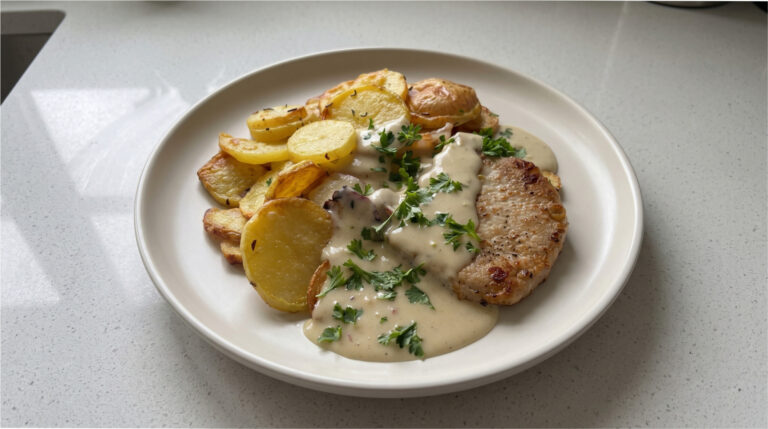 Schnelle Schweinekoteletts mit Parmesan-Sahnesoße: Saftiges Fleisch dank Nachgaren unter Alufolie