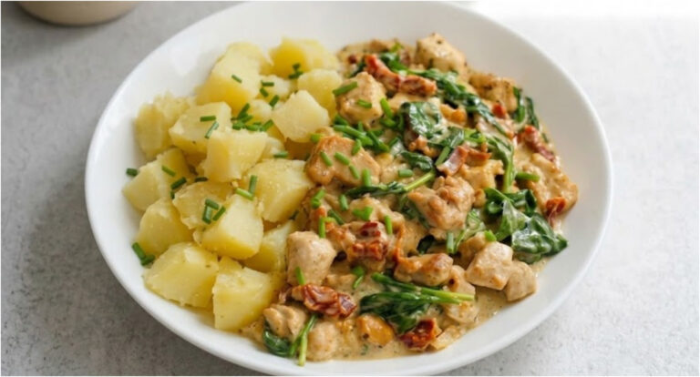 Toskanisches Hähnchen mit Spinat: Saftiges Fleisch in cremiger Sauce aus einer Pfanne