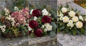 Aus Blumen und Nadelzweigen entstehen wunderschöne Gestecke zum Totengedenken: 20 Inspirationen zur Ehrung geliebter Menschen Längliches Totengesteck mit cremefarbenen Rosen und Zapfen