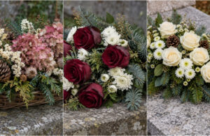 Aus Blumen und Nadelzweigen entstehen wunderschöne Gestecke zum Totengedenken: 20 Inspirationen zur Ehrung geliebter Menschen Längliches Totengesteck mit cremefarbenen Rosen und Zapfen