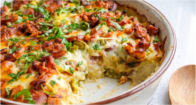Überbackene Kartoffeln mit Wurst: Herzhaftes Abendessen oder Mittagessen mit Mozzarella und feiner Eier-Sauce