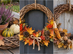 Ein schlichter Weidenkranz wird zum herbstlichen Highlight: 20 Ideen für Tür und Tisch Üppiger Weidenkranz mit roten Beeren und Herbstblättern