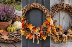 Ein schlichter Weidenkranz wird zum herbstlichen Highlight: 20 Ideen für Tür und Tisch Üppiger Weidenkranz mit roten Beeren und Herbstblättern