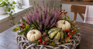 Weidenkranz und ein paar Naturschätze vom Spaziergang: 20 herbstliche Kränze, die Sie an einem Nachmittag schaffen Weidenkranz als herbstliche Tischdekoration mit Kürbissen und Naturmaterialien