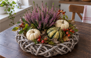 Weidenkranz und ein paar Naturschätze vom Spaziergang: 20 herbstliche Kränze, die Sie an einem Nachmittag schaffen Weidenkranz als herbstliche Tischdekoration mit Kürbissen und Naturmaterialien