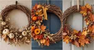 Verwandeln Sie einen einfachen Weidenring in einen wunderschönen Herbstkranz: Lassen Sie sich von 20 Ideen inspirieren Üppiger Herbstkranz mit Kürbissen auf Weidenring
