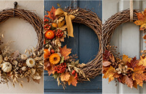 Verwandeln Sie einen einfachen Weidenring in einen wunderschönen Herbstkranz: Lassen Sie sich von 20 Ideen inspirieren Üppiger Herbstkranz mit Kürbissen auf Weidenring