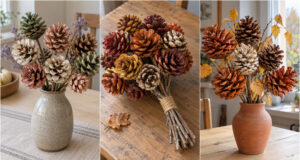 Sie sehen aus wie Blumen, sind aber aus Zapfen: 20 wunderschöne herbstliche Sträuße für die Vase Natürlicher Zapfenstrauß in Steingutvase